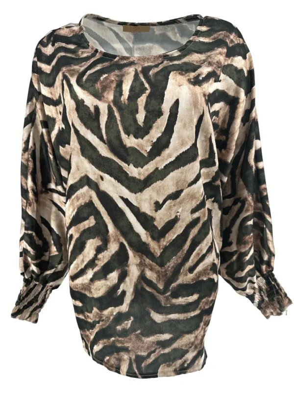 Blouse met v-hals en smock mouw zijdeglans zebra army