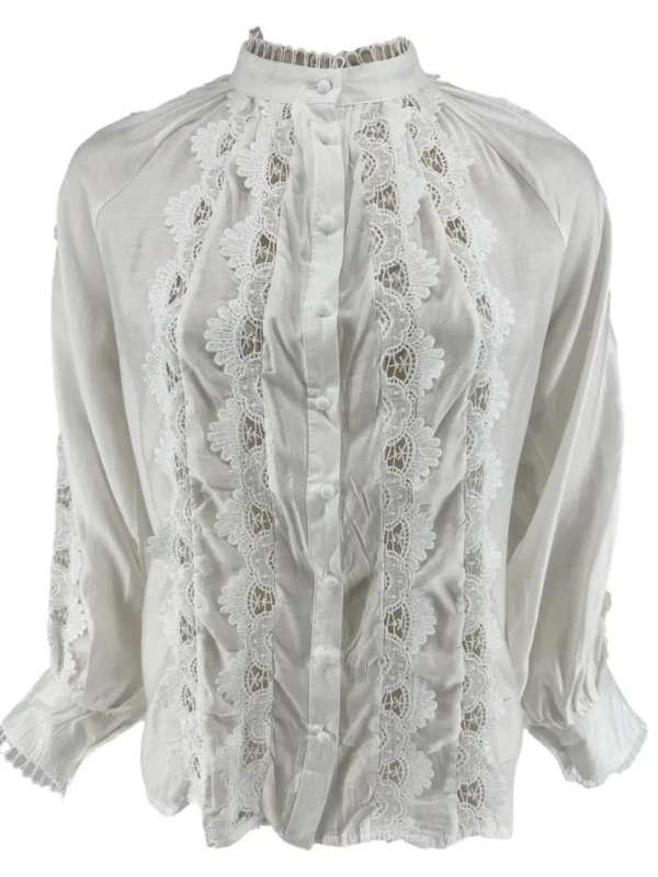 Blouse met werking op de kraag en mouw off-white (W8665)