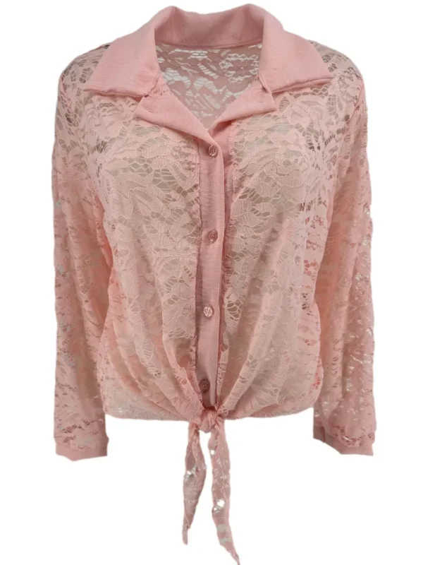 Blouse van kant met knoop aan de voorzijde Misty licht roze