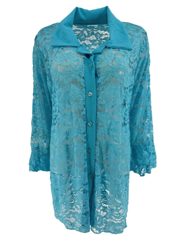 Blouse van kant met ruffle mouw Willow sky blauw
