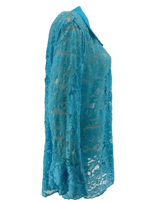 Blouse van kant met ruffle mouw Willow sky blauw
