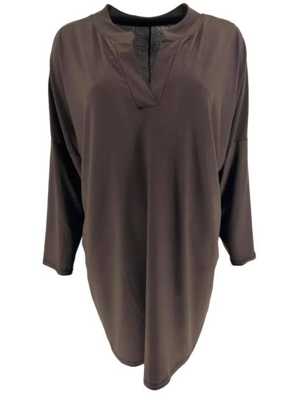 Blouse/shirt van travelstof met opstaande boord Delori bruin