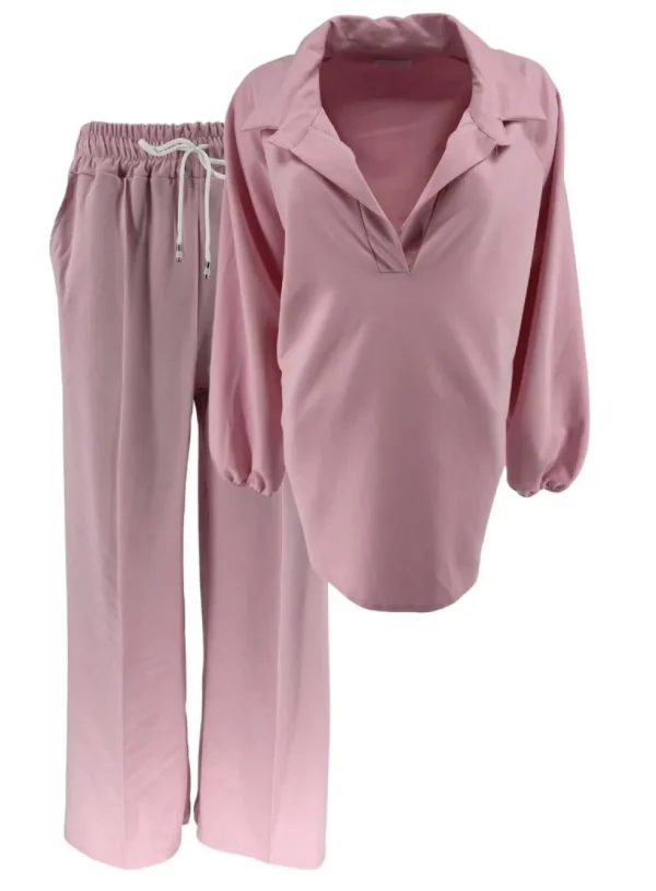 2-delig set met wijde broekspijp en blouse Zoë licht roze
