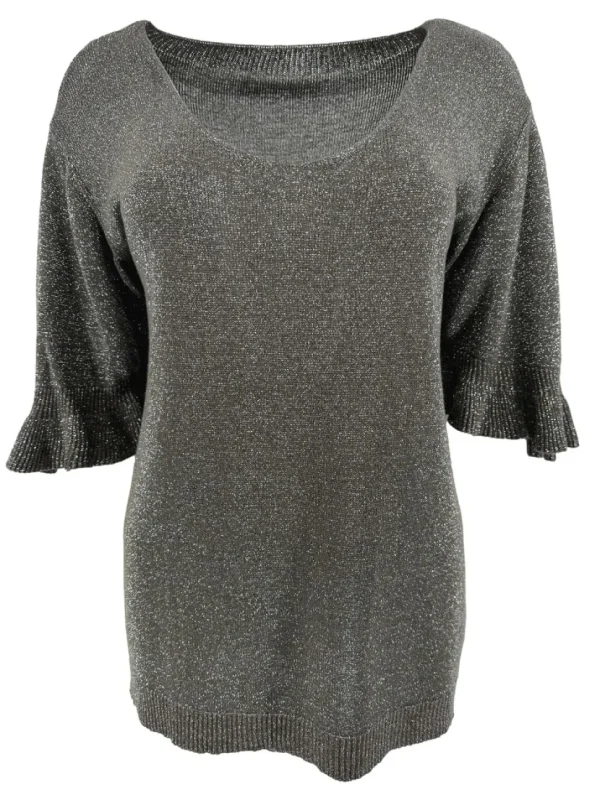 Fijngebreide trui met V-HALS en ruffle mouw Wicky glitter bruin. SALE(gde)