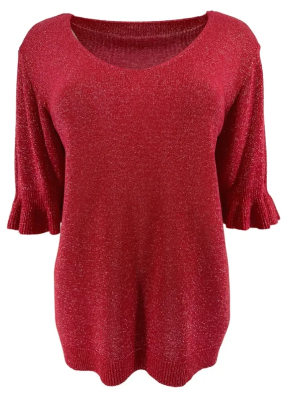 Fijngebreide trui met V-HALS en ruffle mouw Wicky glitter rood. SALE.(gde)