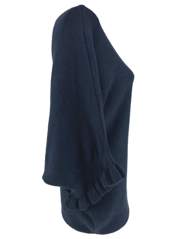 Fijngebreide trui met vleermuis mouw en ruffle Elisa donker blauw