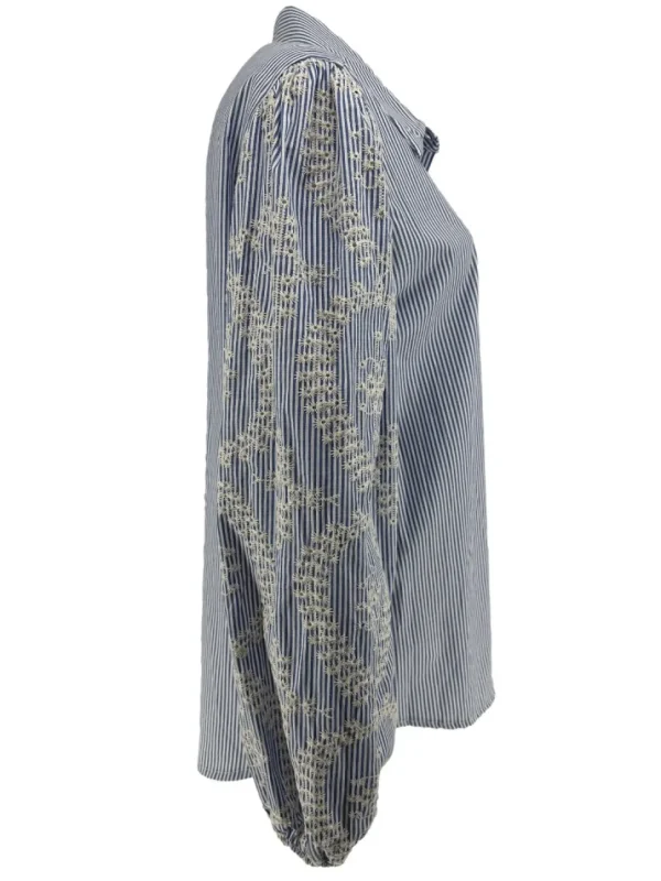 Gestreepte blouse met borduursels op de mouw blauw
