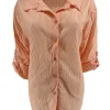 Gestreepte blouse met oprol mouw krinkle oranje