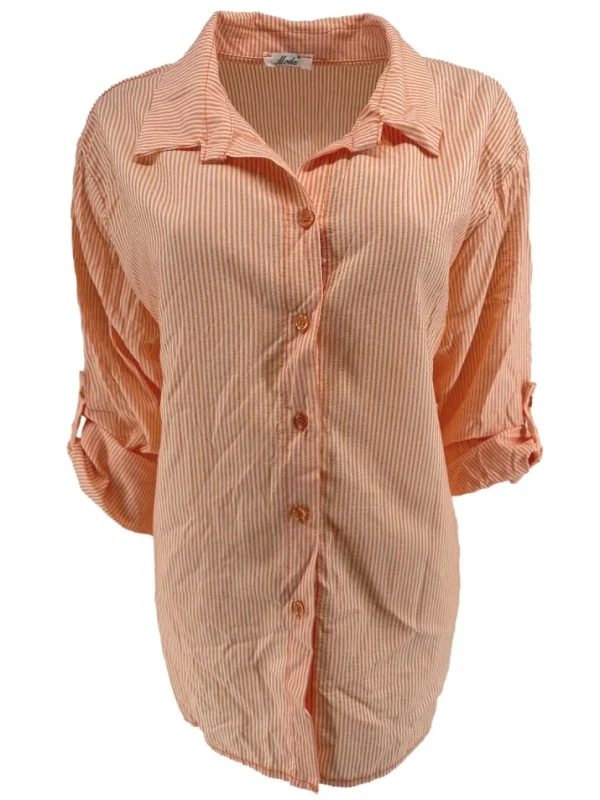 Gestreepte blouse met oprol mouw krinkle oranje