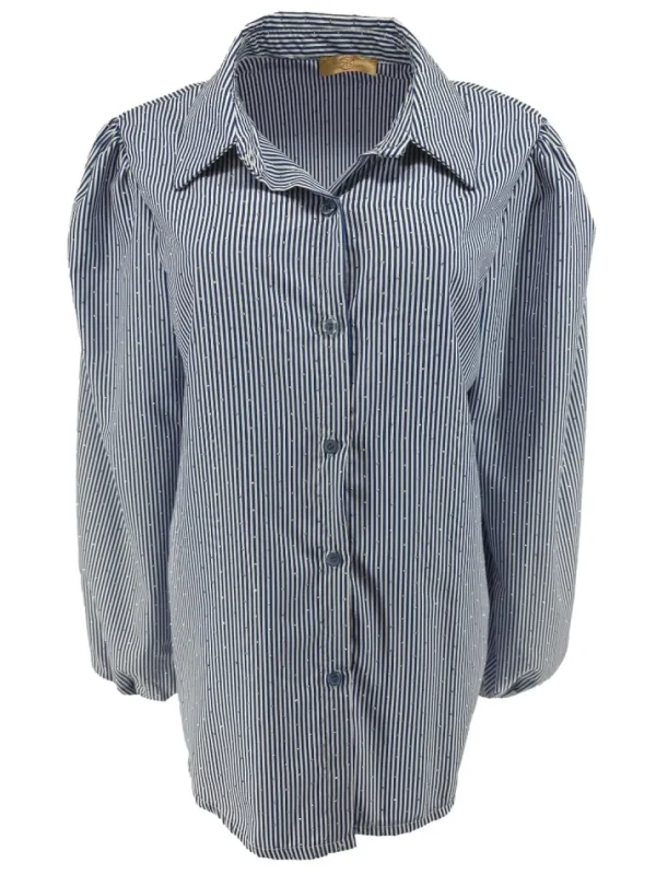 Gestreepte blouse met strass steentjes blauw