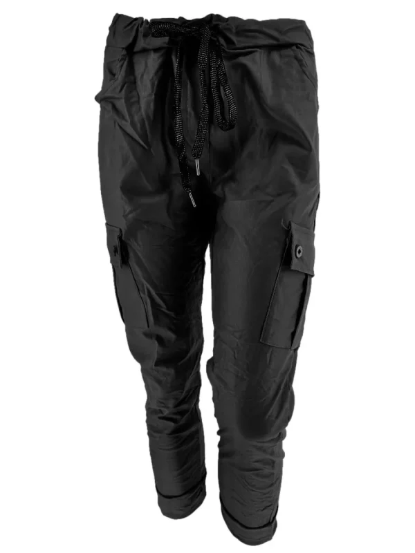 Italy CARGO coating broek met glitter koord zwart
