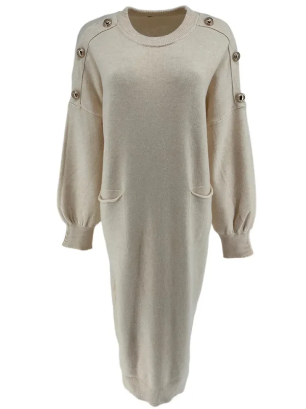 Jurk met ronde hals en knopen op de schouders beige (A-84800)JMK