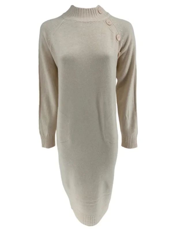 Jurk met ronde hals en knopen op de schouder beige (B-84801)JMK