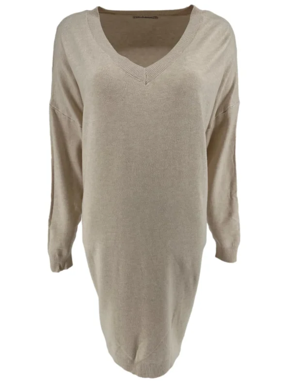 Jurk/tuniek met lange mouw en V-hals beige (HJD7916)JMK