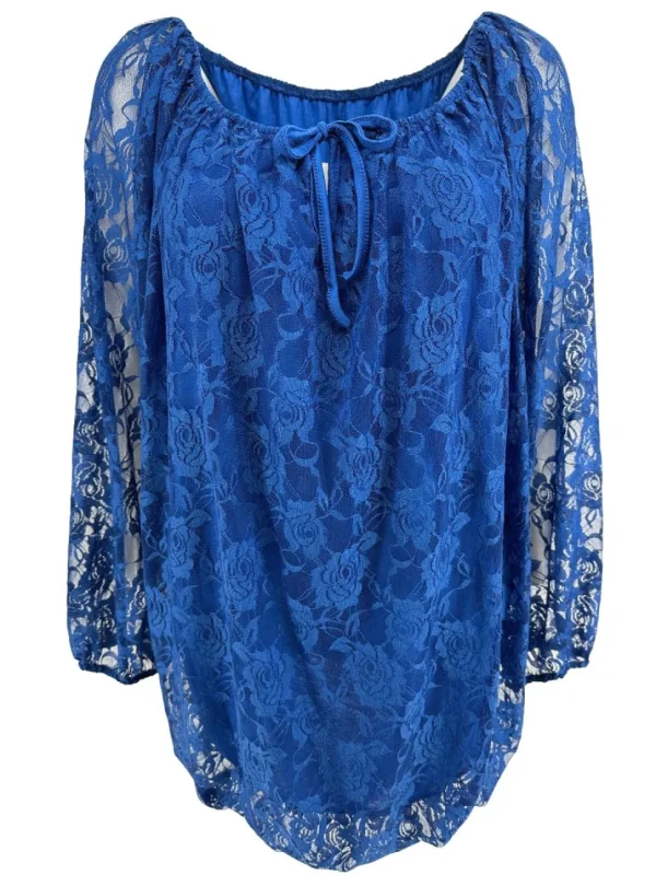 Kanten ballon blouse met koordje Celestine kobalt