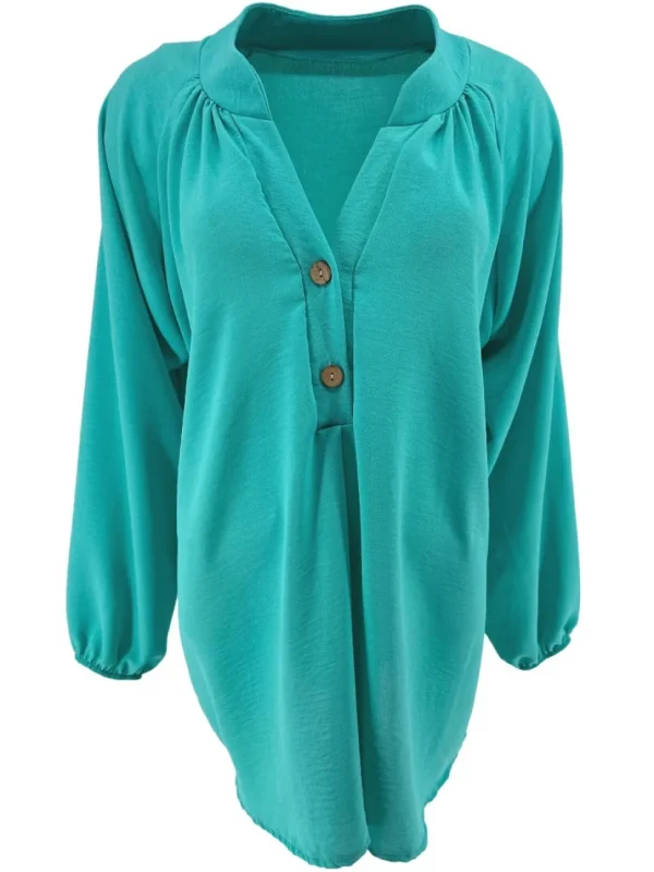 KORTERE blouse met opstaande kraag en 2 knoopjes Siske turquoise