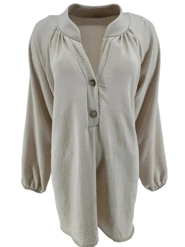 KORTERE blouse met opstaande kraag en 2 knoopjes Siske beige