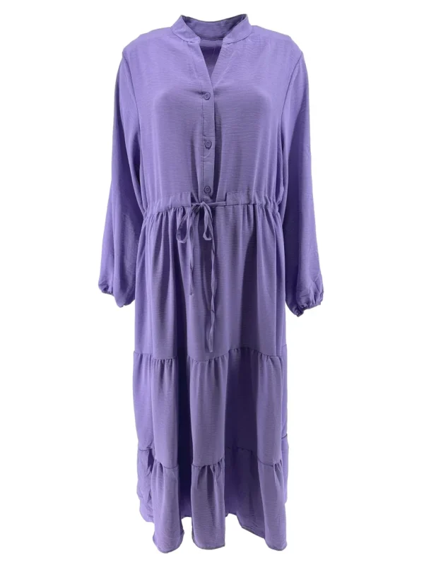 Lange jurk met knoopjes en koord in de taille en stroken uni lila (B25-9) SALE (VJD)