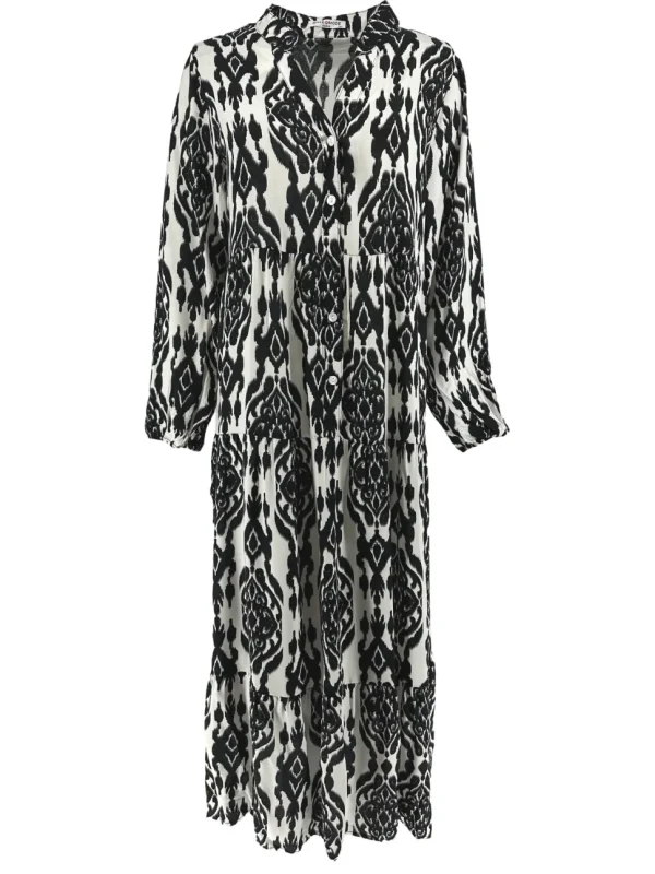 Lange jurk met stroken en knoopjes animal paisley zwart (B25-6 (LPJ)VJD