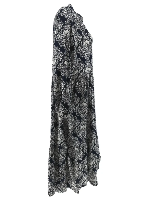 Lange jurk met stroken en knoopjes barok donker blauw (B25-2) (LPJ)SALE