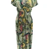 Lange travelstof jurk met smock in de taille varens groen (JS3176)