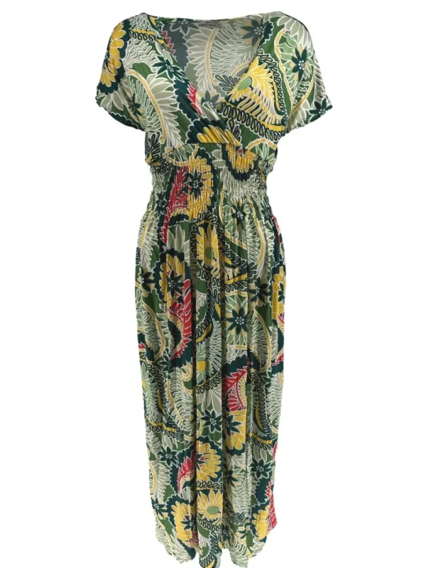Lange travelstof jurk met smock in de taille varens groen (JS3176)
