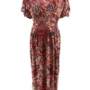 Lange travelstof jurk met volant mouw Paisley rood (JS26)