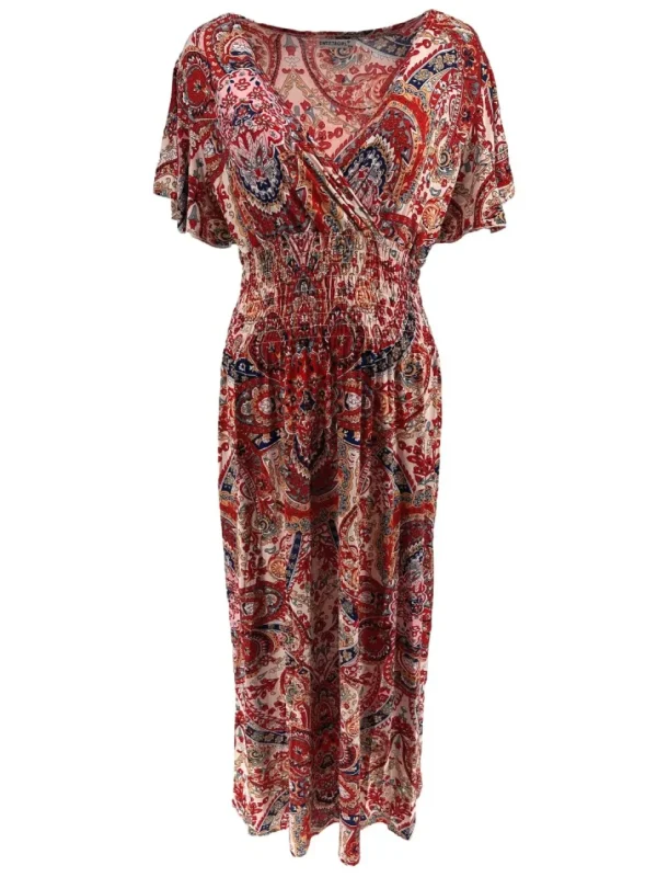 Lange travelstof jurk met volant mouw Paisley rood (JS26)