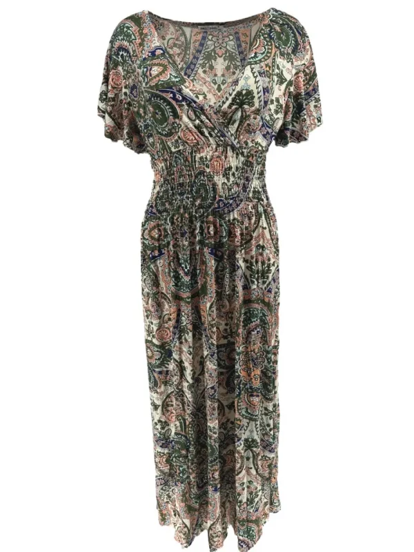 Lange travelstof jurk met volant mouw Paisley creme (JS26)