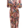 Lange travelstof jurk met korte mouw Dahlia rood (JS3080)
