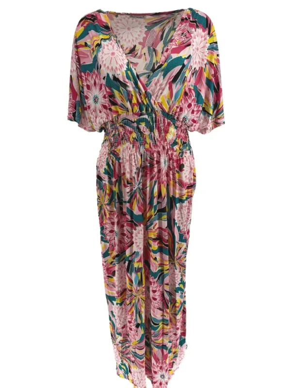 Lange travelstof jurk met korte mouw Dahlia licht roze (JS3080)