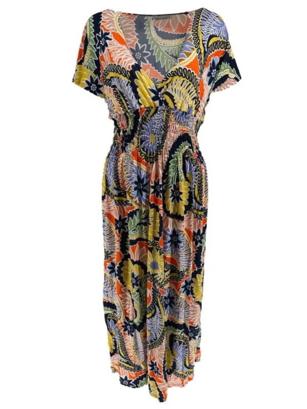 Lange travelstof jurk met smock in de taille varens donker blauw (JS3176)