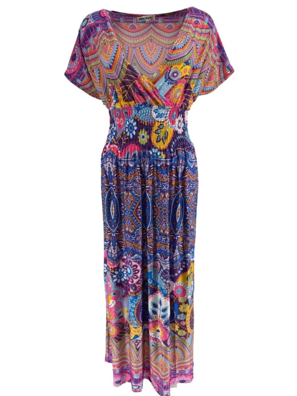 Lange travelstof jurk met smock in de taille kaleidoscoop paars (J-77#)