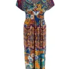 Lange travelstof jurk met smock in de taille kaleidoscoop oranje (J-77#)