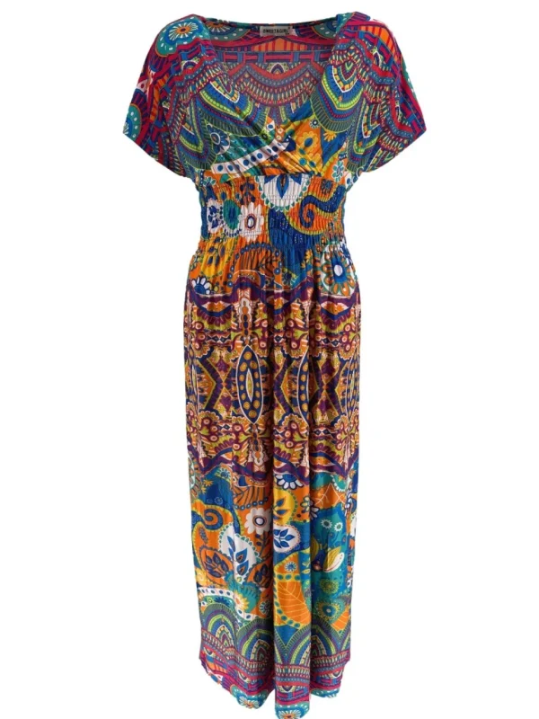 Lange travelstof jurk met smock in de taille kaleidoscoop oranje (J-77#)