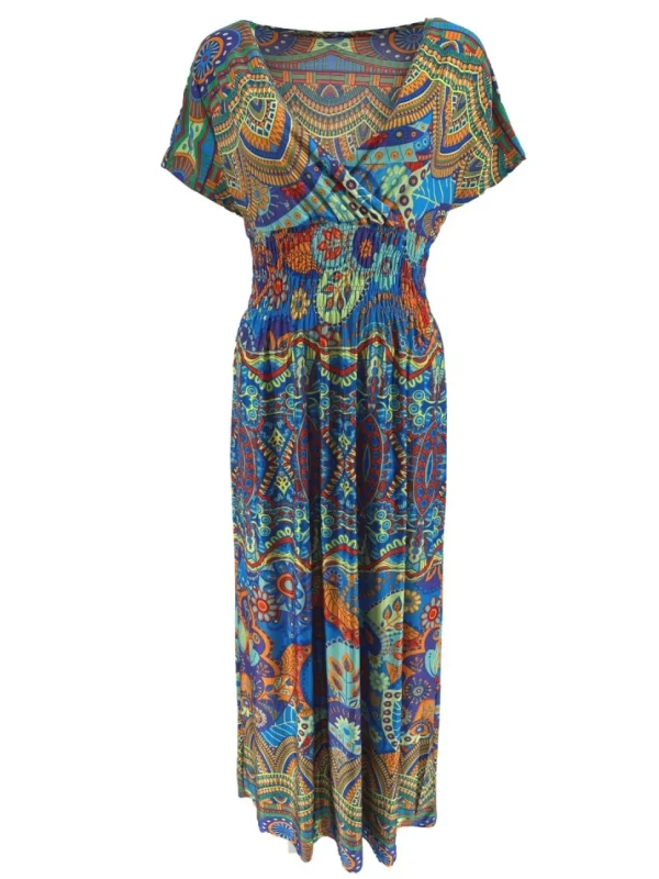 Lange travelstof jurk met smock in de taille kaleidoscoop blauw (J-77#)