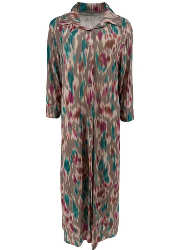 Lange travelstof jurk met knoopjes blurry taupe(TJD)