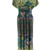 Lange travelstof jurk met smock in de taille kaleidoscoop groen (J-77#)