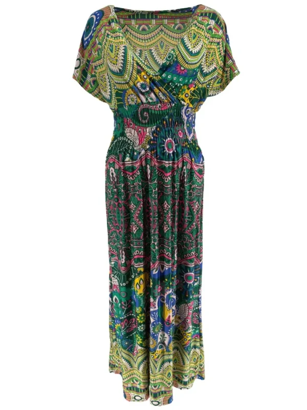 Lange travelstof jurk met smock in de taille kaleidoscoop groen (J-77#)