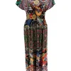 Lange travelstof jurk met smock in de taille kaleidoscoop zwart (J-77#)