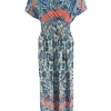 Lange travelstof jurk met smock in de taille Floral blauw (J-81#)