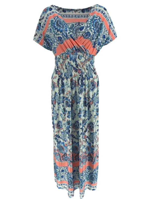 Lange travelstof jurk met smock in de taille Floral blauw (J-81#)