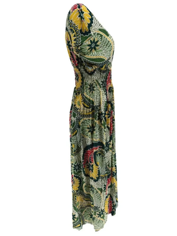 Lange travelstof jurk met smock in de taille varens groen (JS3176)