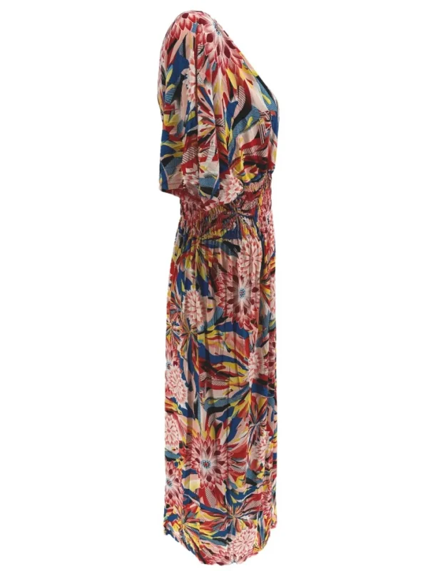 Lange travelstof jurk met korte mouw Dahlia rood (JS3080)