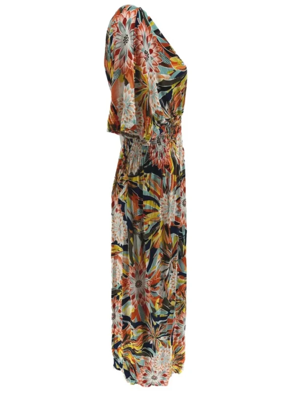 Lange travelstof jurk met korte mouw Dahlia oranje (JS3080)