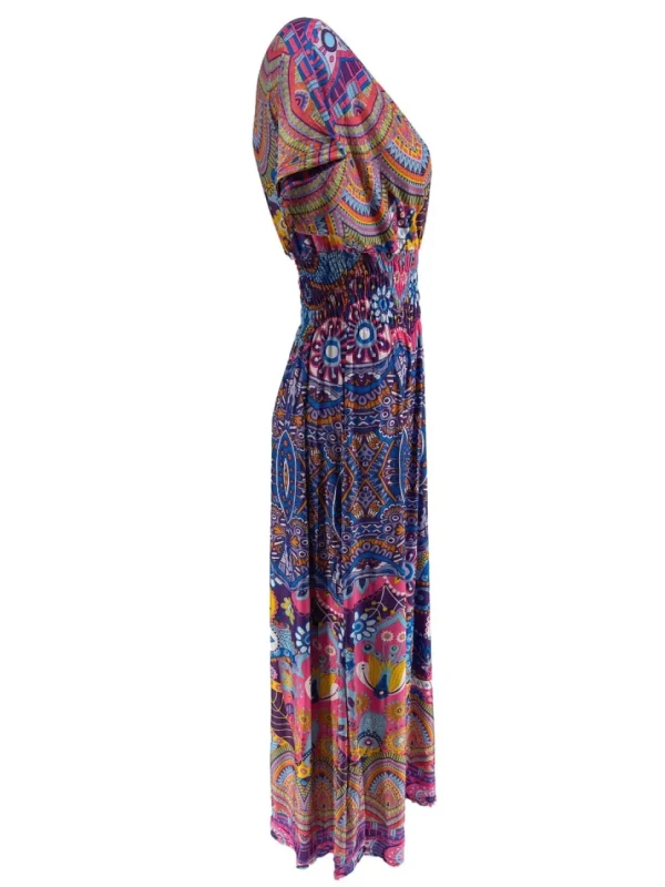 Lange travelstof jurk met smock in de taille kaleidoscoop paars (J-77#)