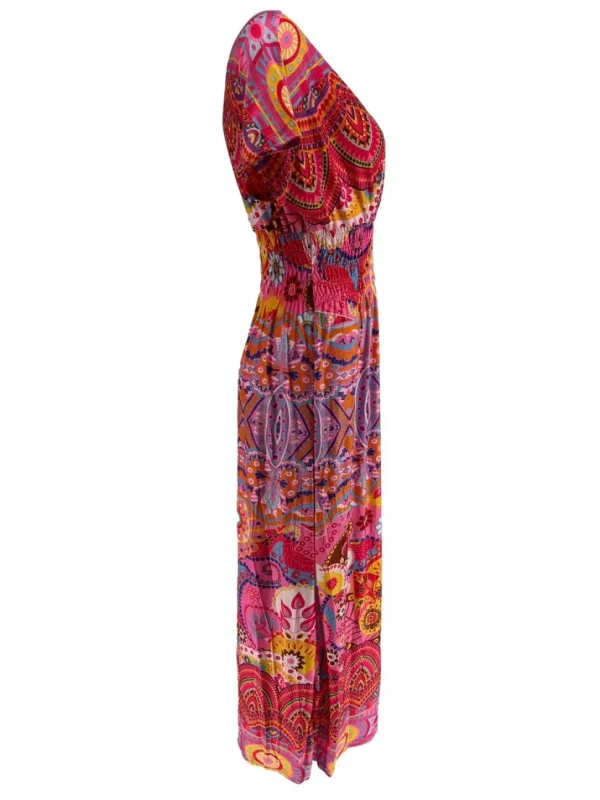 Lange travelstof jurk met smock in de taille kaleidoscoop roze (J-77#)