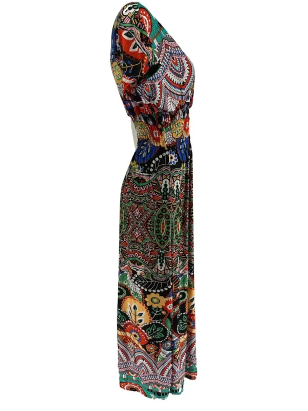 Lange travelstof jurk met smock in de taille kaleidoscoop zwart (J-77#)