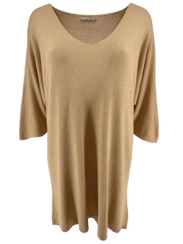 LANGERE fijngebreide trui met V-hals Hearts camel