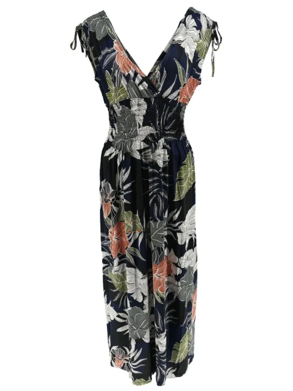 Mouwloze travelstof jurk Botanic donker blauw (Y1043)